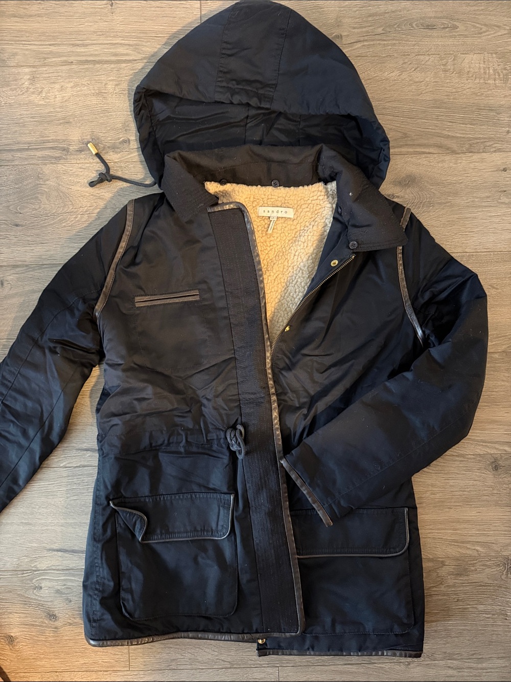 Sandro Navy Hooded Parka with Sherpa Lining